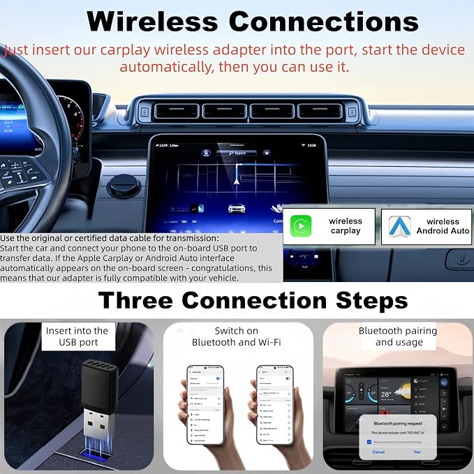 Carplay Adapter, Wired to Wireless, Car Projection for Online Music and Navigation, 2 in 1 Wireless CarPlay Adapter for Kinds of Cars