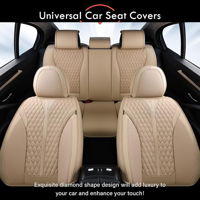 Coverado Car Seat Covers Full Set, Waterproof Nappa Leather Seat Covers for Cars, Front and Back Car Seat Protector, Luxury Car Seat Covers, 5 Seats Universal Beige Car Seat Cover Fit for Most Cars