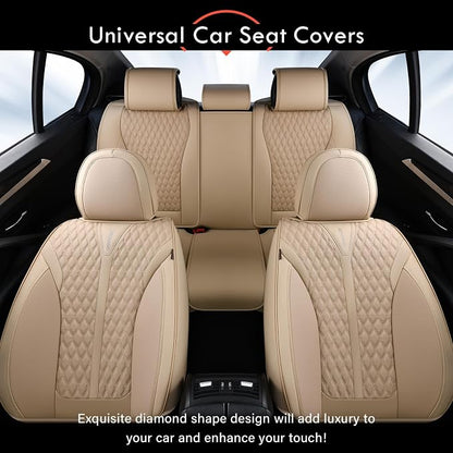 Coverado Car Seat Covers Full Set, Waterproof Nappa Leather Seat Covers for Cars, Front and Back Car Seat Protector, Luxury Car Seat Covers, 5 Seats Universal Beige Car Seat Cover Fit for Most Cars