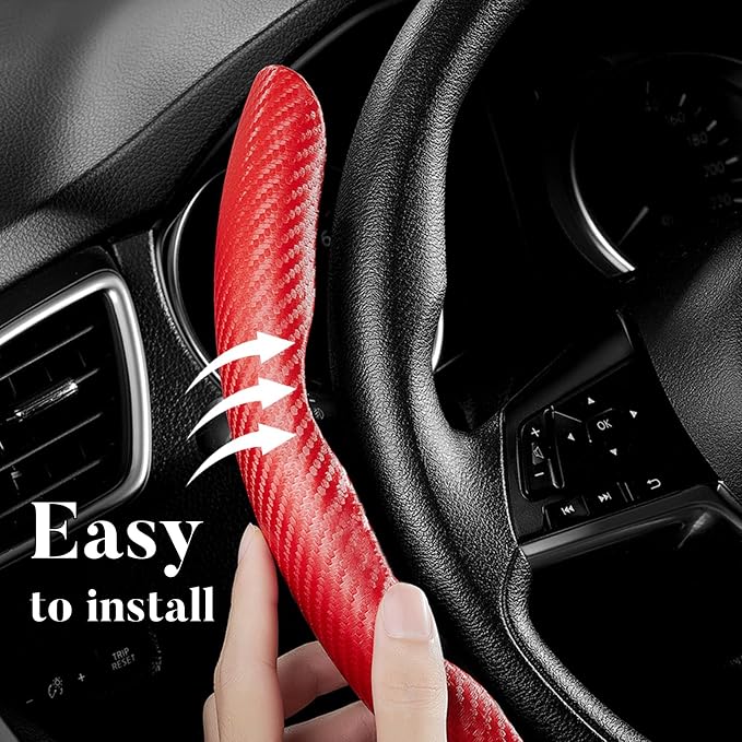 Carbon Fiber Steering Wheel Cover, Snap on Car Steering Wheel Cover Set Accessories 3pcs Wrap Grip Non Slip Protector Universal Matte Red