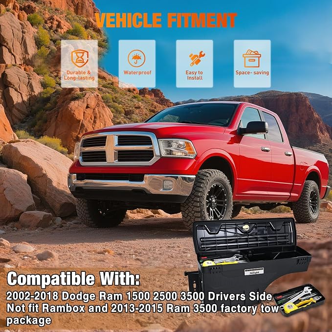 Nilight Truck Bed Tool Box Left Drivers Side Truck Tool Box Fit for Dodge Ram 1500 2500 3500 2002-2018 ABS Swing Case Truck Bed Storage Box w Lockable Lid Waterproof Wheel Well Toolbox, without Rambox