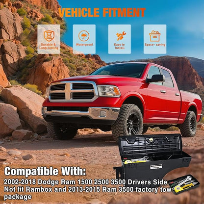 Nilight Truck Bed Tool Box Left Drivers Side Truck Tool Box Fit for Dodge Ram 1500 2500 3500 2002-2018 ABS Swing Case Truck Bed Storage Box w Lockable Lid Waterproof Wheel Well Toolbox, without Rambox