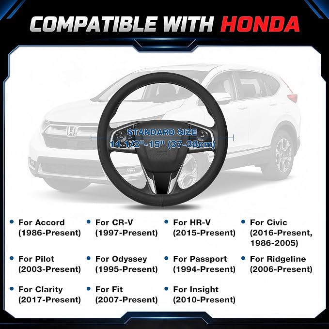 Steering Wheel Cover for Honda CRV Accord Civic HRV Pilot Odyssey Passport, Standard Size 14.5-15", Carbon Fiber Black