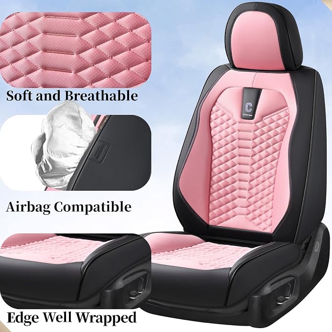 Coverado Front Seat Covers, 2 PCS Pink Seat Cover for Cars, Breathable Fabric& Faux Leather Seat Cover, Driver Seat Cushion, Car Seat Protector Universal Fit Most Cars, Trucks, SUV