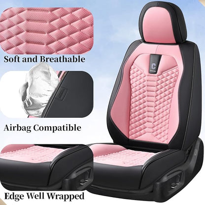 Coverado Front Seat Covers, 2 PCS Pink Seat Cover for Cars, Breathable Fabric& Faux Leather Seat Cover, Driver Seat Cushion, Car Seat Protector Universal Fit Most Cars, Trucks, SUV