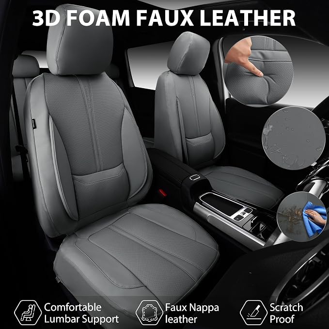 CAR PASS Nappa Leather Seat Covers Full Set, 3D Foam Faux Leather Car Seat Covers with Lumbar Support, Water Resistant Grey Seat Covers Car seat Cover Universal Fit for Cars SUV Truck Vehicles, Gray