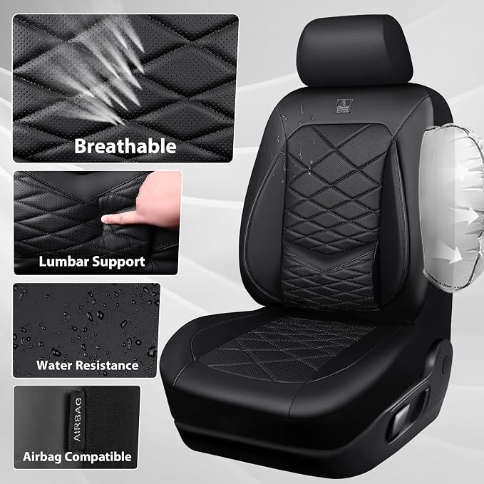 CAR PASS Luxury Nappa Leather Front Seat Covers, Waterproof 3D Foam Seat Covers with Lumbar Support, Breathable Auto Seat Cover Airbag Compatible Universal Fit for Sedan SUV Van Truck, All Black