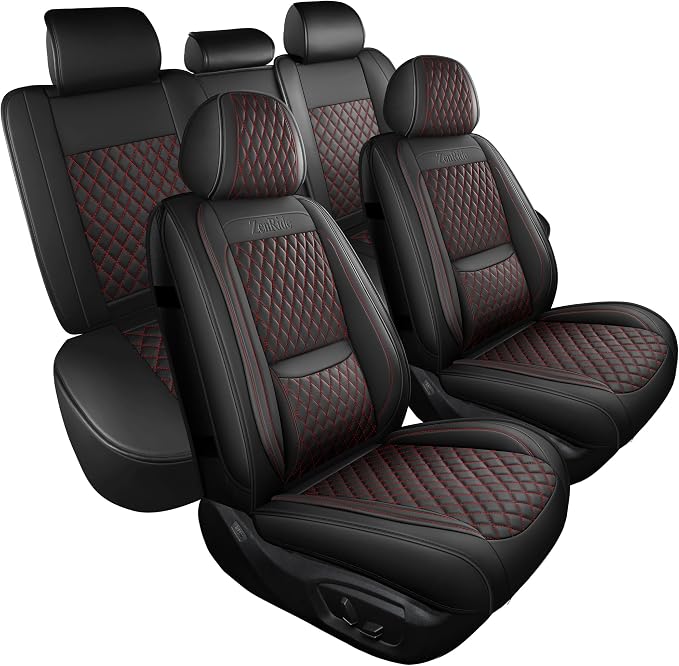 Grand Car Seat Covers Full Set,Universal Precision Fit 3D Contoured Automotive Nappa Leather Seat Covers for SUV Truck Sedan,Anti-Slip Seat Cover with Lumbar Support Style2 Black Red Line