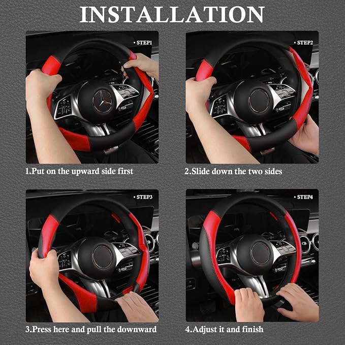 CAR PASS Faux Leather Steering Wheel Cover and Waterproof Car Floor Mats,Universal Car Combo Fit for 95% Sedan,SUV,Cars,14.5-15inch Sporty Anti-Slip Safety Comfortable Design(Black＆Red)