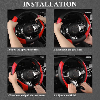 CAR PASS Faux Leather Steering Wheel Cover and Waterproof Car Floor Mats,Universal Car Combo Fit for 95% Sedan,SUV,Cars,14.5-15inch Sporty Anti-Slip Safety Comfortable Design(Black＆Red)