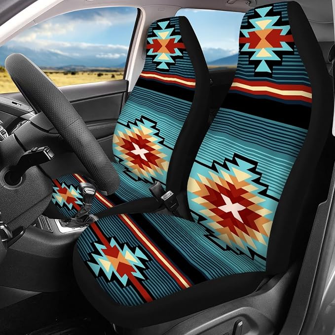 Aztec Southwest Native American Tribal Car Seat Covers Full Set,Turquoise Navajo Design Western Vehicle Front Rear Bench Cushion Protectors Auto Interior Accessories Universal Fit for Trucks