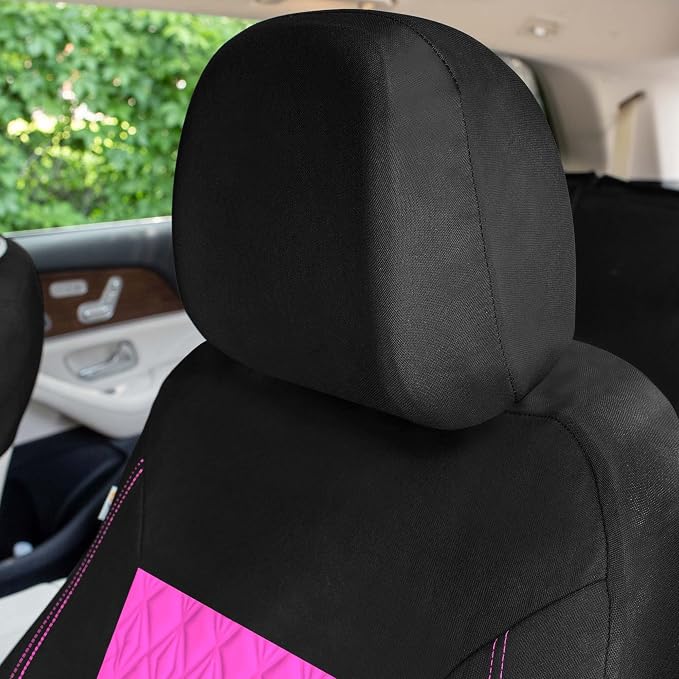 Universal Fit Diamond Stitched Flat Cloth Car Seat Covers Full Set - Pink