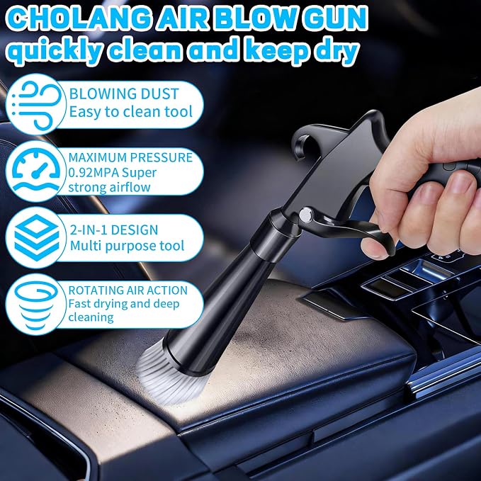 JUSTHERE Detailing Car Cleaning Gun Interior Dryer Air Blow Gun, High Pressure Blower Gun with 5 Pcs Brushes for Auto Carpet Seats Dashboard Console Cleaning