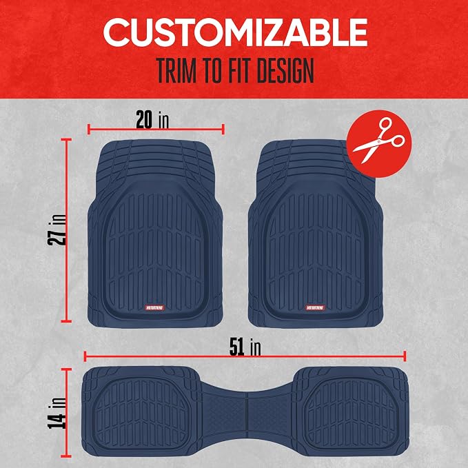 Motor Trend FlexTough Floor Mats for Cars, Blue Deep Dish All-Weather Car Mats, Waterproof Trim-to Fit Automotive Floor Mats for Cars Trucks SUV, Universal Floor Liner Car Accessories