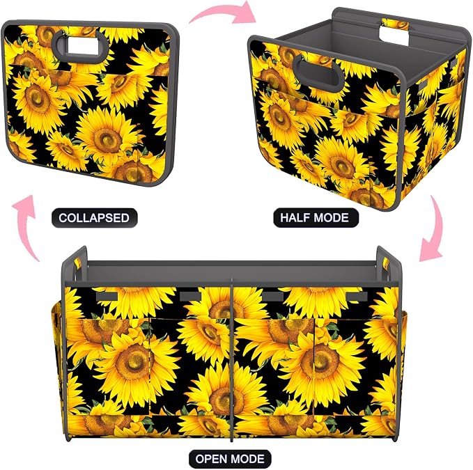 Homeve Car Trunk Organizer for SUV, 18.5Gal Large Capacity No-Sag Heavy Duty, Foldable Waterproof Anti-Slip Storage with 12 Pockets, Fit Sedan, Truck, Universal Car Accessories, Sunflower, Large