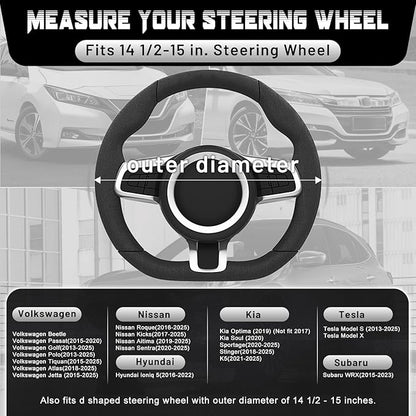 SEG Direct Flat Bottom Steering Wheel Cover, D Shaped Car Wheel Cover 14 1/2-15 in. (37-39 cm), Black Red Microfiber Leather