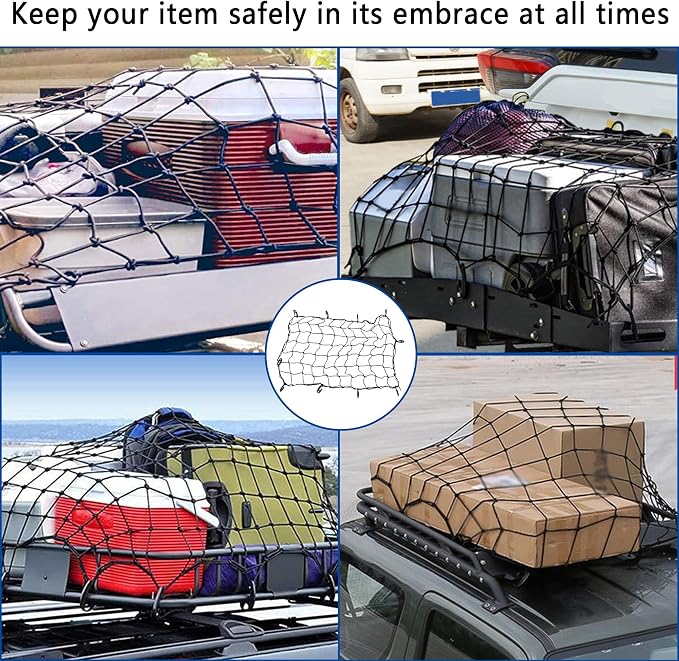 Car Cargo Net - 47 x 31.5 Large Capacity Elastic Truck Bed Cargo Net Roof Rack Net with 10 Adjustable Hooks - Universal Car Accessories Bungee Net Fits Car Truck Pickup SUVs