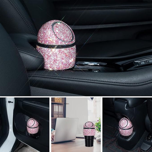 eing Car Trash Can Bling Crystal Auto Mini Trash Bin for Car Office Home Women,Car Cup Holder Garbage Can with Lid and 5 Pack Disposable Garbage Gag, Pink