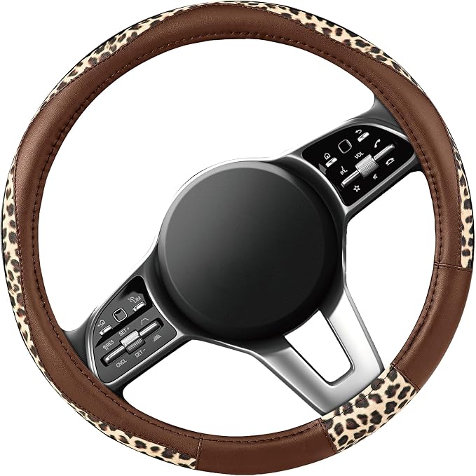 Road Comforts Steering Wheel Cover - Made with PVC Leather and Leopard Fabric - Universal 14 1/2 inches to 15 inches for Most Automotive Steering Wheel - Cheetah Print - Brown