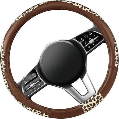 Road Comforts Steering Wheel Cover - Made with PVC Leather and Leopard Fabric - Universal 14 1/2 inches to 15 inches for Most Automotive Steering Wheel - Cheetah Print - Brown