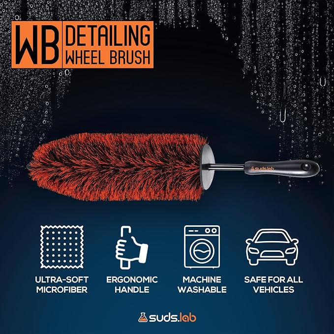 Suds Lab WB Premium Detailing Wheel Brush for All Vehicle Types – 17.7" Ultra-Soft and Scratch-Free Reusable Rim, Wheel, and Tire Brush for Deep Cleaning