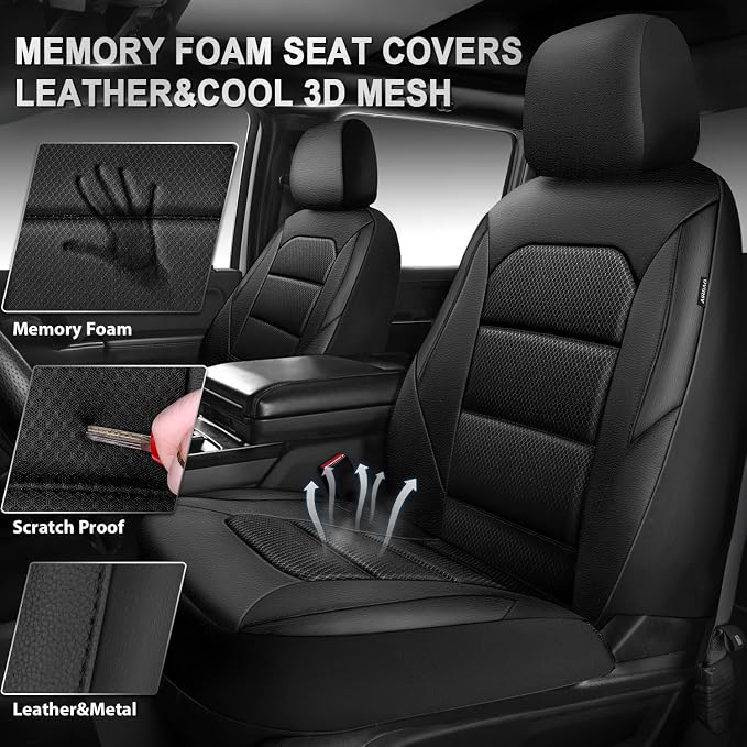 CAR PASS Memory Foam Car Seat Covers,Air Cool Mesh Thick Seat Covers Front Seats,Black Metal Film Leather Seat Cover for Car,Universal Automotive Comfort for Most Car,Truck,Airbag Compatible,All Black