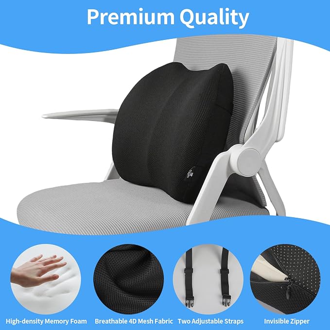 2 Pack Lumbar Support Pillow,Memory Foam Back Cushion for Office Chair,Car Seat,Travel,Ergonomic Posture Corrector for Lower Back Pain Relief,Black