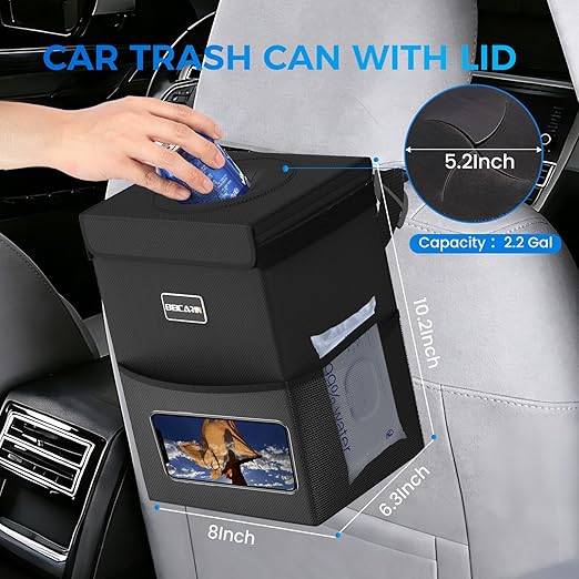 Beicarin Car Trash Can with Lid - Trash Bag Hanging with Storage Pockets Leak-Proof Organizer Collapsible and Portable Waterproof Garbage Bin, 2.2 Gallons Multipurpose Trash Bin for Car