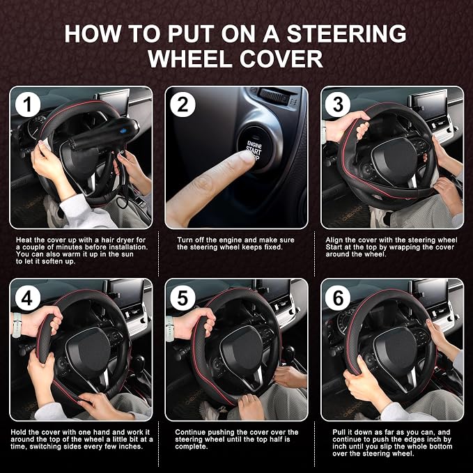 SEG Direct Steering Wheel Cover 14.5-15 inch (37-39 cm) Medium Size, Microfiber Leather, Non-Slip Comfortable Grip, Fits Cars Trucks SUVs, Black and Red