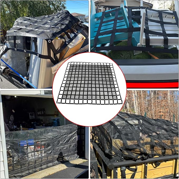 Heavy Duty 105" x 120" Truck Bed Cargo Net with Adjustable Cam Buckles & S-Hooks & Cross Strap,8.75' x 10' Cargo Net with 1500LBS Capacity for Pickup Truck Bed Trailer SUV Jeeps