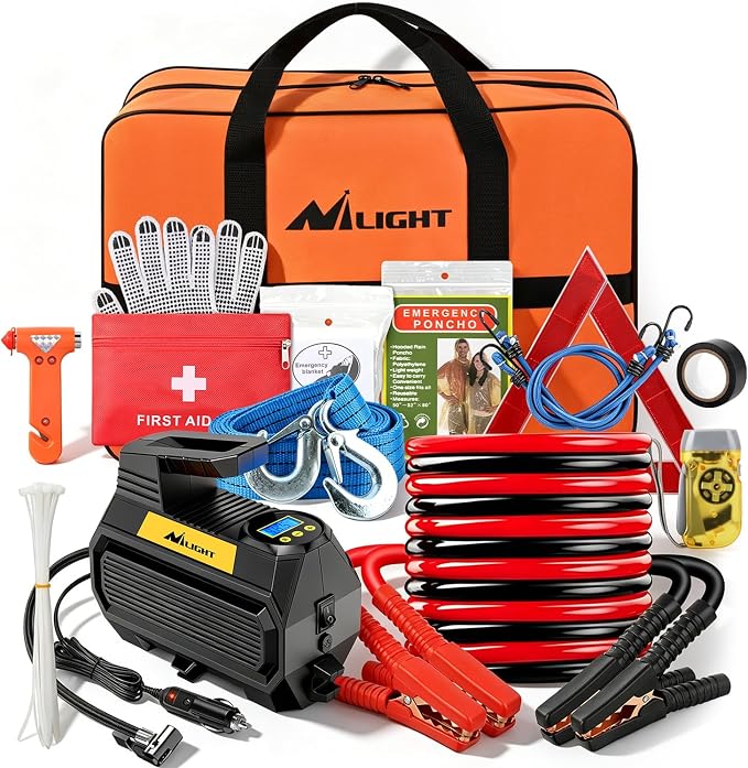 Nilight Car Emergency Kit with Jumper Cable, First Aid Kit Safety Assistance Tools for Travel Camping Outdoor Cars Truck SUV RV, Roadside Essentials with Flash Light