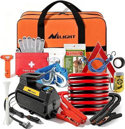 Nilight Car Emergency Kit with Jumper Cable, First Aid Kit Safety Assistance Tools for Travel Camping Outdoor Cars Truck SUV RV, Roadside Essentials with Flash Light
