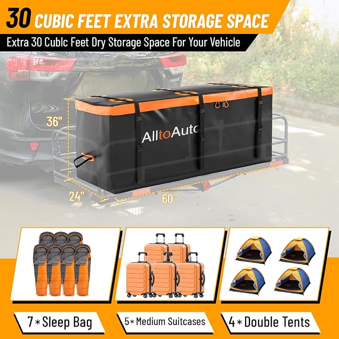 30 CuFt Waterproof Cargo Bag for Hitch Carrier | 60"x24"x36" Trailer Hitch Cargo Carrier | Weatherproof Truck Bed Storage with Straps, Lock & Carry Case | PVC Vehicle Soft-Shell Carriers
