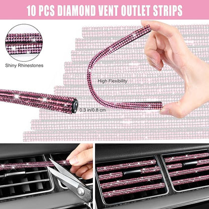 CAR PASS Bling Pink Car Accessories Set for Women, Sparkly Rhinestone Diamond Steering Wheel Cover Seat Belt Cushion Glitter Shift Knob Cover Car Cup Holder Coaster Cute Interior Sets, Pink 22 PCS