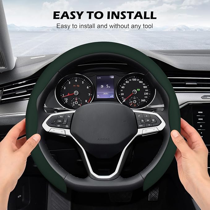 Frani Nappa Leather Steering Wheel Cover,Universal Fit 15 Inch-Premium Non-Slip Breathable Comfort Grip for Cars Trucks SUVs,Anti-Slip Durable Interior Upgrade Dark Green