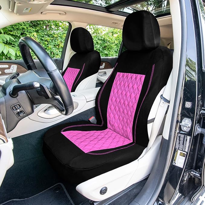 Universal Fit Diamond Stitched Flat Cloth Car Seat Covers Full Set - Pink
