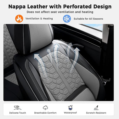 Huidasource Front and Back Seat Covers Universal Fit for Most Cars SUV Trucks, Leather Car Seat Covers Full Set 5 Seats, Full-Cover Pickup Truck Seat Cover with Lumbar Support, Black & Gray