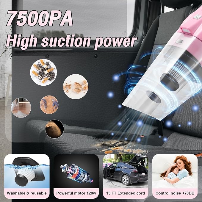 Pink Car Cleaning Kit, 25Pcs Detailing Kit Interior with 4-in-1 Power Handheld Vacuum Cleaner, Detailing Brush Set, 2-in-1 Windshield Cleaner Tool, Car Accessories for Cleaning, Gift for Women
