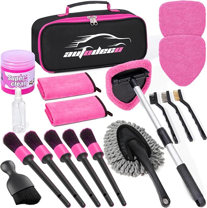 Windshield Cleaner Tool, 17Pcs Car Interior Detailing Kit, Detailing Brush, Towels, Duster, Car Cleaning Kit Interior for RVs, Truck, Trailer (Pink)