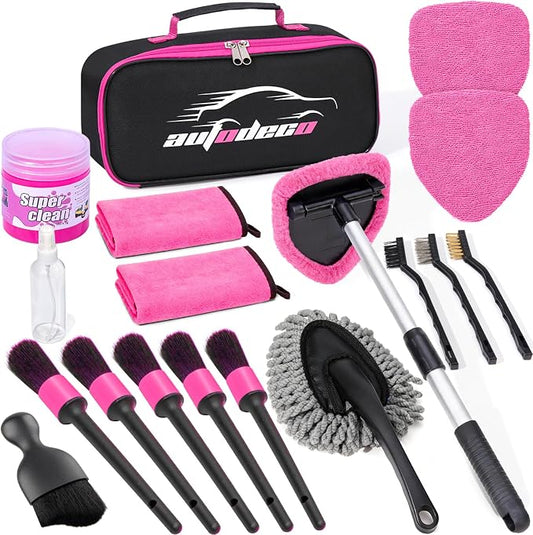 Windshield Cleaner Tool, 17Pcs Car Interior Detailing Kit, Detailing Brush, Towels, Duster, Car Cleaning Kit Interior for RVs, Truck, Trailer (Pink)