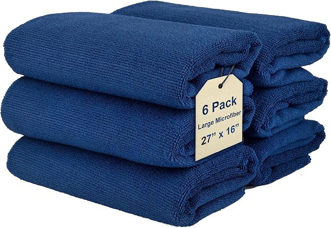 Cleaning Washcloth Towels - Large 27" x 16" Microfiber Rags - Highly Absorbent, Lint Free Streak Free for House, Kitchen, Car, Window Detailing Reusable Shop Towels (6-Pack, Navy Blue)