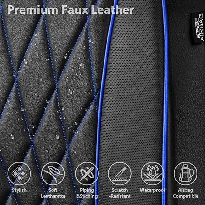 CAR PASS Piping Luxury PU Leather Two Front Car Seat Covers,Waterproof Anti- Slip Seat Covers Compatible with Front Seat Armrests,Universal Fit for Suvs,Vans,Trucks,Airbag Compatible(Black and Blue)