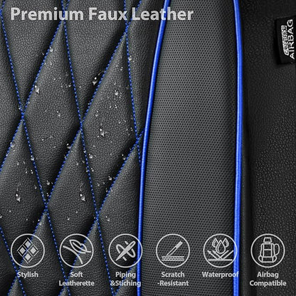 CAR PASS Piping Luxury PU Leather Two Front Car Seat Covers,Waterproof Anti- Slip Seat Covers Compatible with Front Seat Armrests,Universal Fit for Suvs,Vans,Trucks,Airbag Compatible(Black and Blue)
