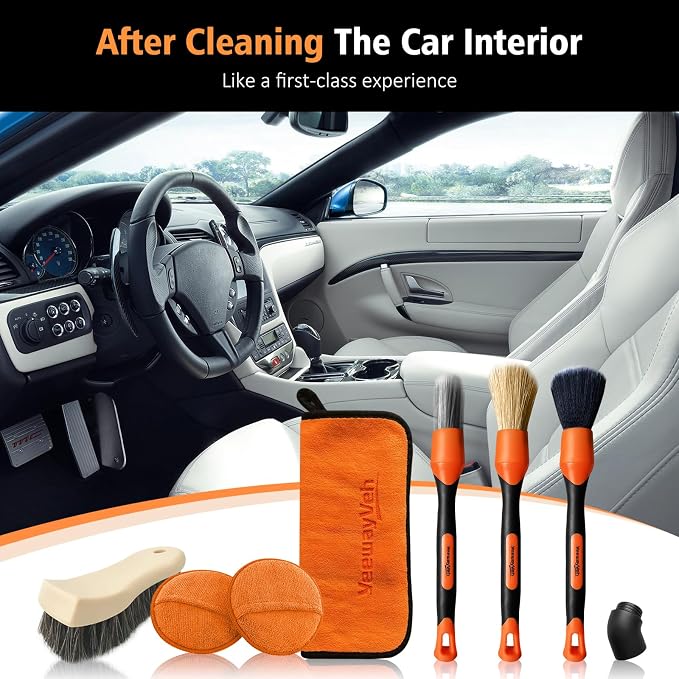 YeewayVeh 7PCS Car Interior Detailing Kit, Horse Hair Car Leather Brush, Applicator Pads and Microfiber Cloth for Car Interior & Seats Leather, Interior Car Cleaning Kit, Orange