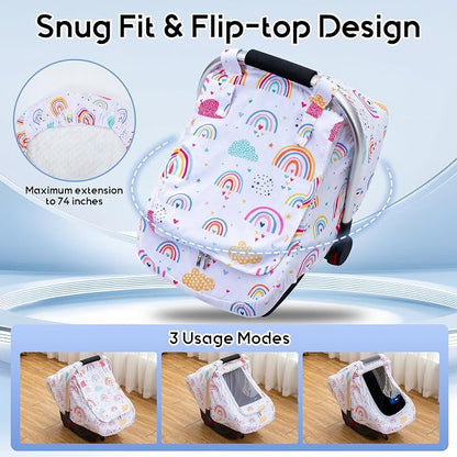 Car Seat Cover Baby Girls, Infant Car Seat Cover for Outdoor, Breathable Carseat Cover with Privacy Sun Shade & Mesh Window for Summer, Easy Access Baby Carrier Cover Fit Baby Stroller