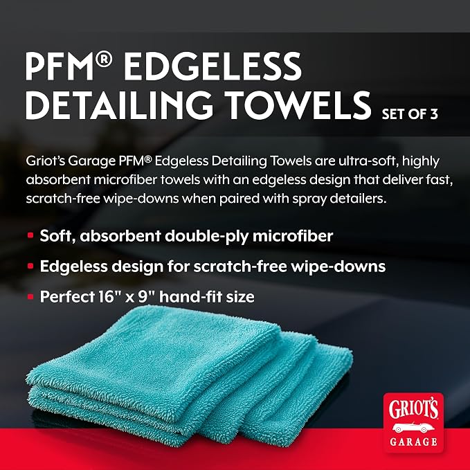 Griot's Garage PFM Edgeless Detailing Towels for Car Cleaning and Detailing, Scratch-Free, Machine-Washable, Small, 16” x 9”, Set of 3, 55527