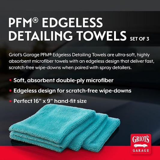 Griot's Garage PFM Edgeless Detailing Towels for Car Cleaning and Detailing, Scratch-Free, Machine-Washable, Small, 16” x 9”, Set of 3, 55527