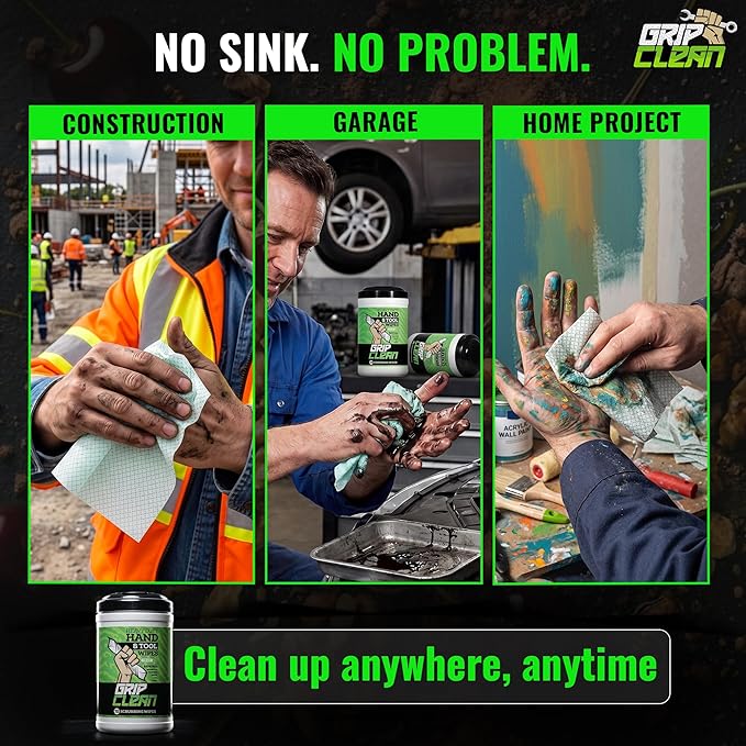 Grip Clean Heavy Duty Hand & Tool Cleaning Wipes – Waterless Hand Cleaner for Mechanics, Garage & Shop Use – Dual-Sided Grease, Oil & Paint Remover Wipes with Citrus Scent - 72ct