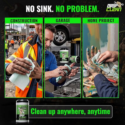 Grip Clean Heavy Duty Hand & Tool Cleaning Wipes – Waterless Hand Cleaner for Mechanics, Garage & Shop Use – Dual-Sided Grease, Oil & Paint Remover Wipes with Citrus Scent - 72ct (6 Pack)