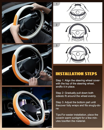 Car Leather Steering Wheel Cover, Genuine Embossed Leather with Anti-Slip Lining, Universal 15 Inch, Fits SUVs, Vans, Sedans, Trucks, Orange